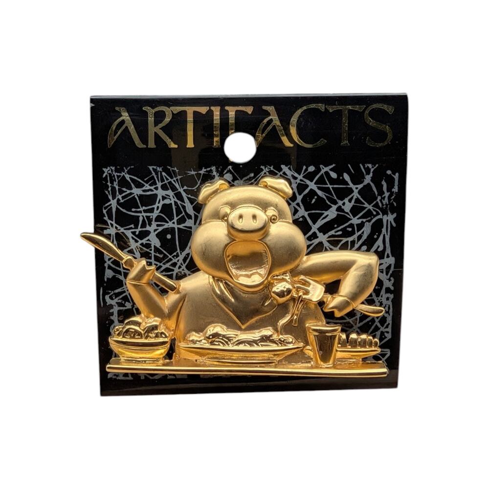 Vintage JJ Artifacts Gold Tone Pig Eating Dinner Brooch Pin